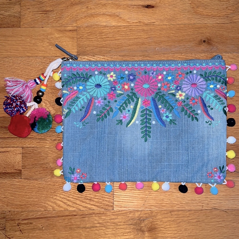 Steven Blue Embroidered Denim Clutch Bag NEW without tags